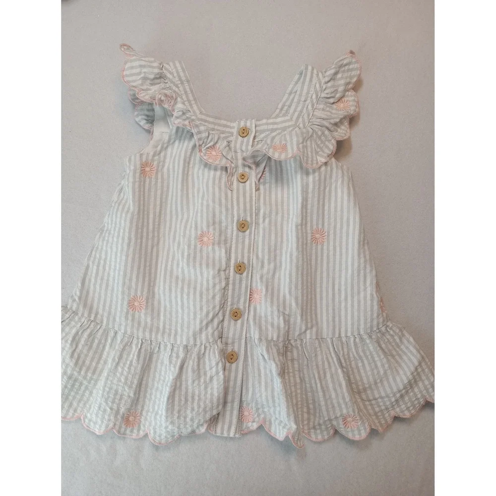 Happily Grey Dress Baby Girls 24M Grey White Striped Embroidered Floral Ruffle